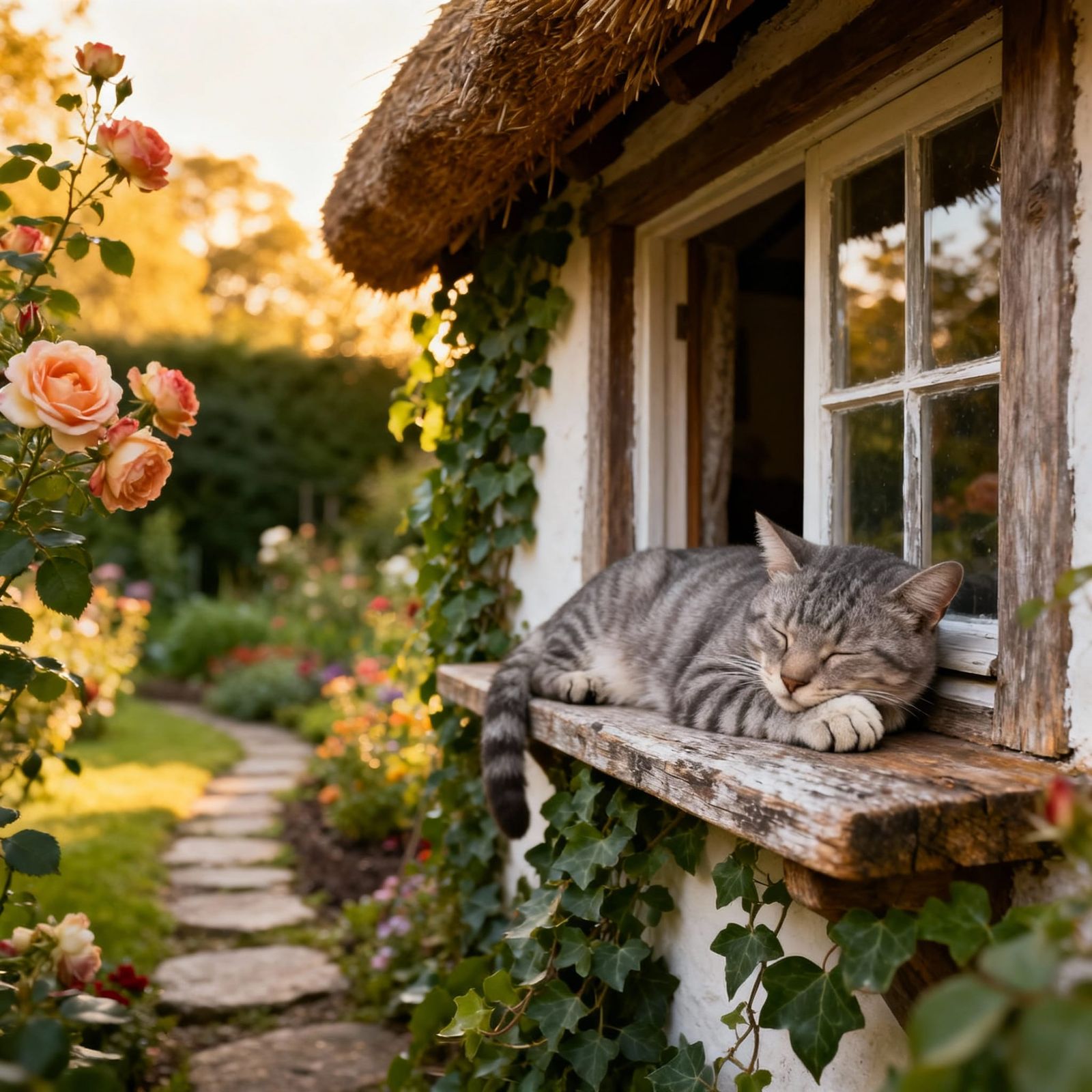 Grey Tabby Cat Sleeps Peacefully in Cottage Garden
