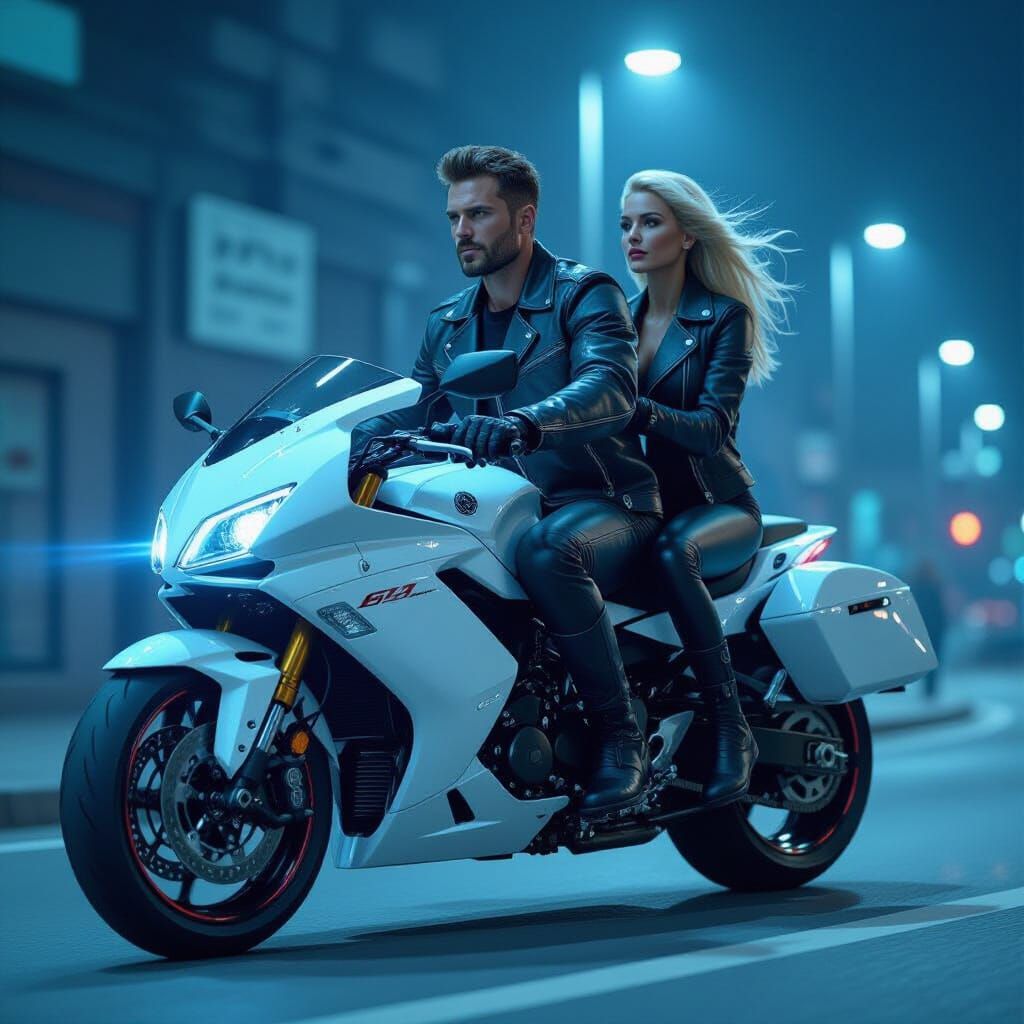Hyperrealistic Motorcycle Ride with Blue LED Lighting