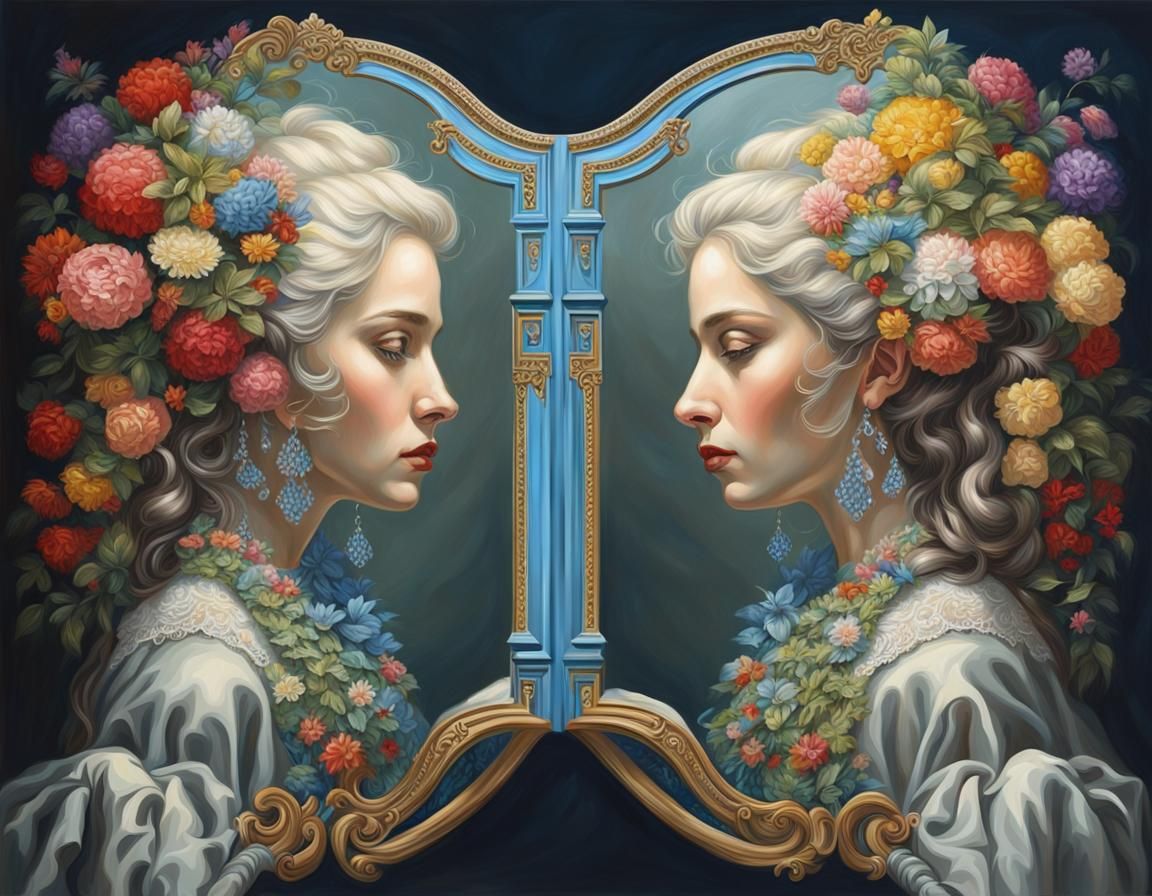 Mirrored Vintage Character in Vibrant Oil Painting