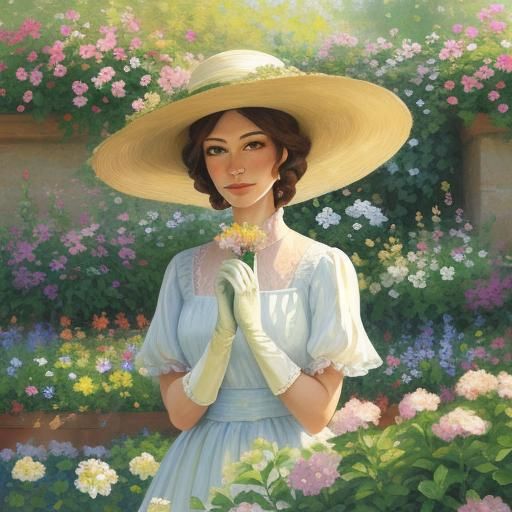 Woman Gardening in Impressionistic Flower Garden