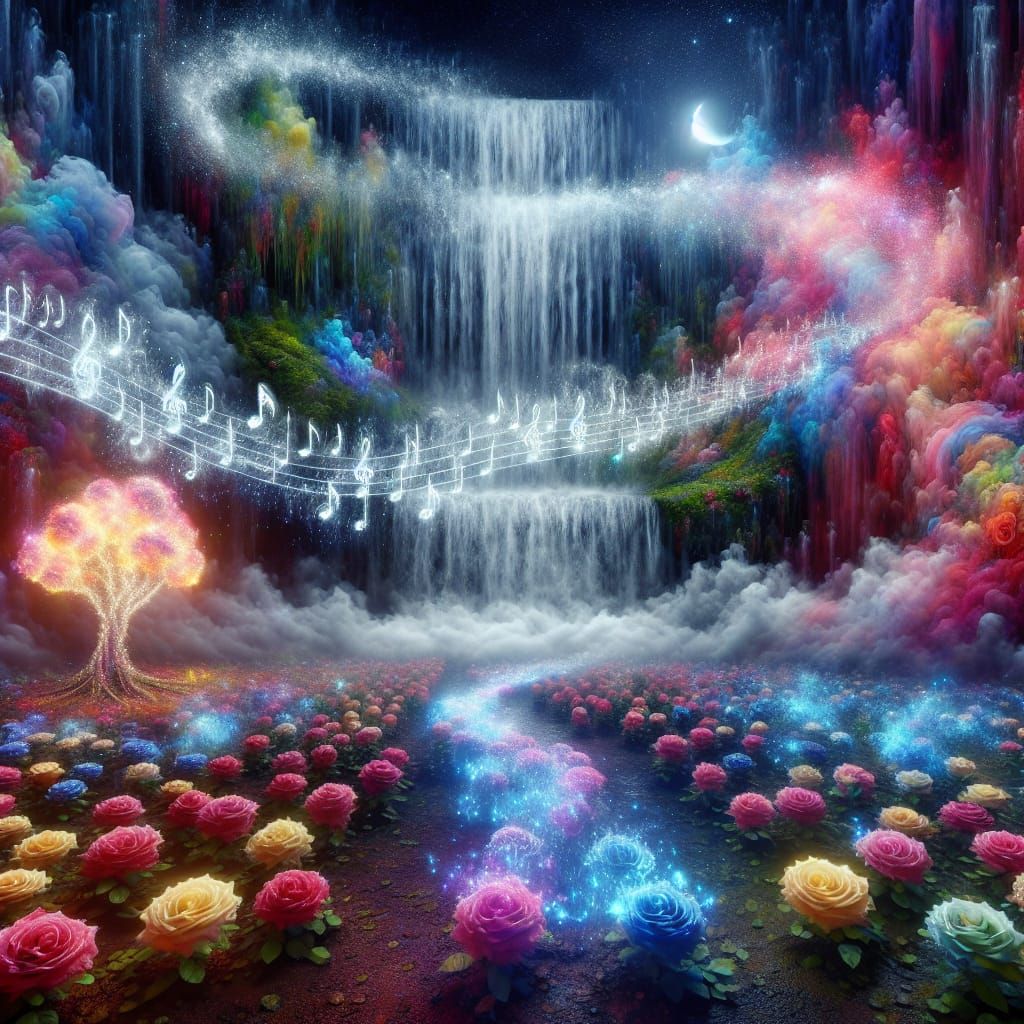 Surreal Smoke Waterfall with Roses in Vibrant Colors