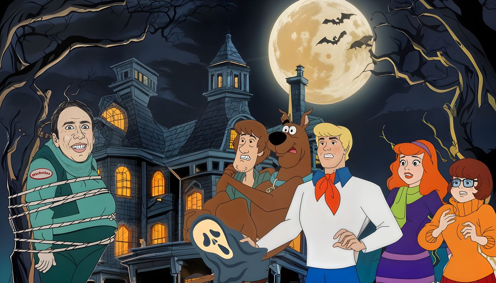 Surreal Nicholas Cage in a Mysterious Scooby Doo Scene