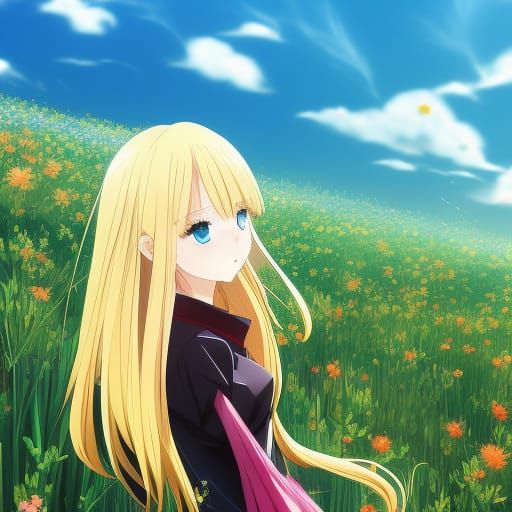 Anime Girl in Blooming Flower Field