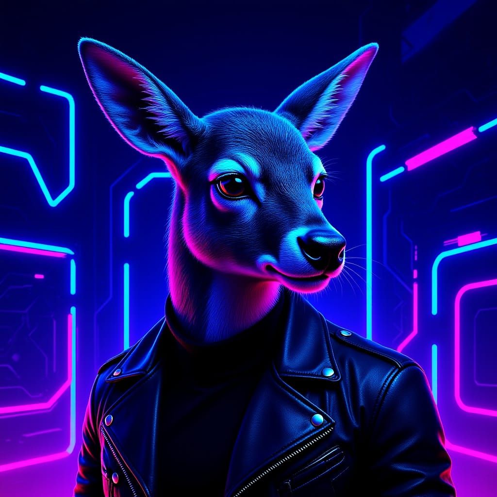 Futuristic Anthro Deer in Neon Cityscape