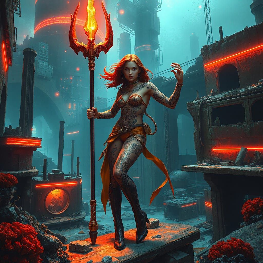 Futuristic Diver in Underwater City Ruins