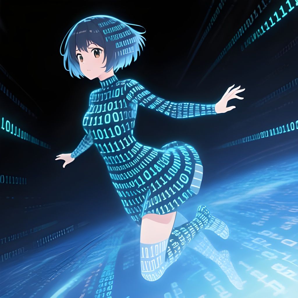 Anime Woman Made of Binary Code Flying in Digital World