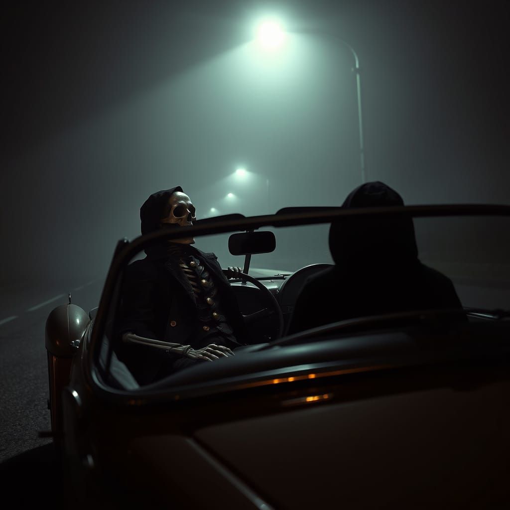 Steampunk Skeleton in Vintage Bonneville Car at Midnight