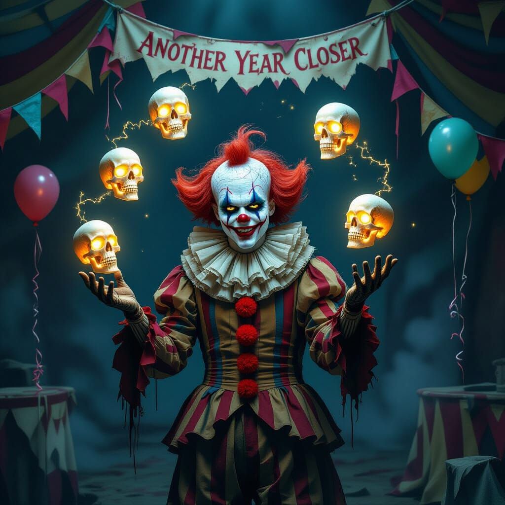 Skeletal Jester Juggles Glowing Skulls in Dark Carnival