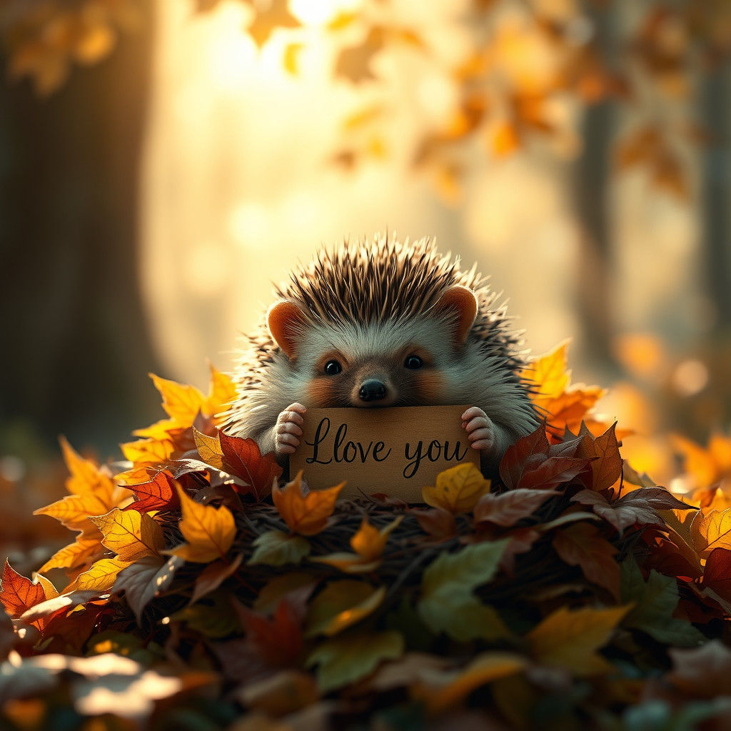 Hedgehog with 'I Love You' Sign in Autumn Leaves