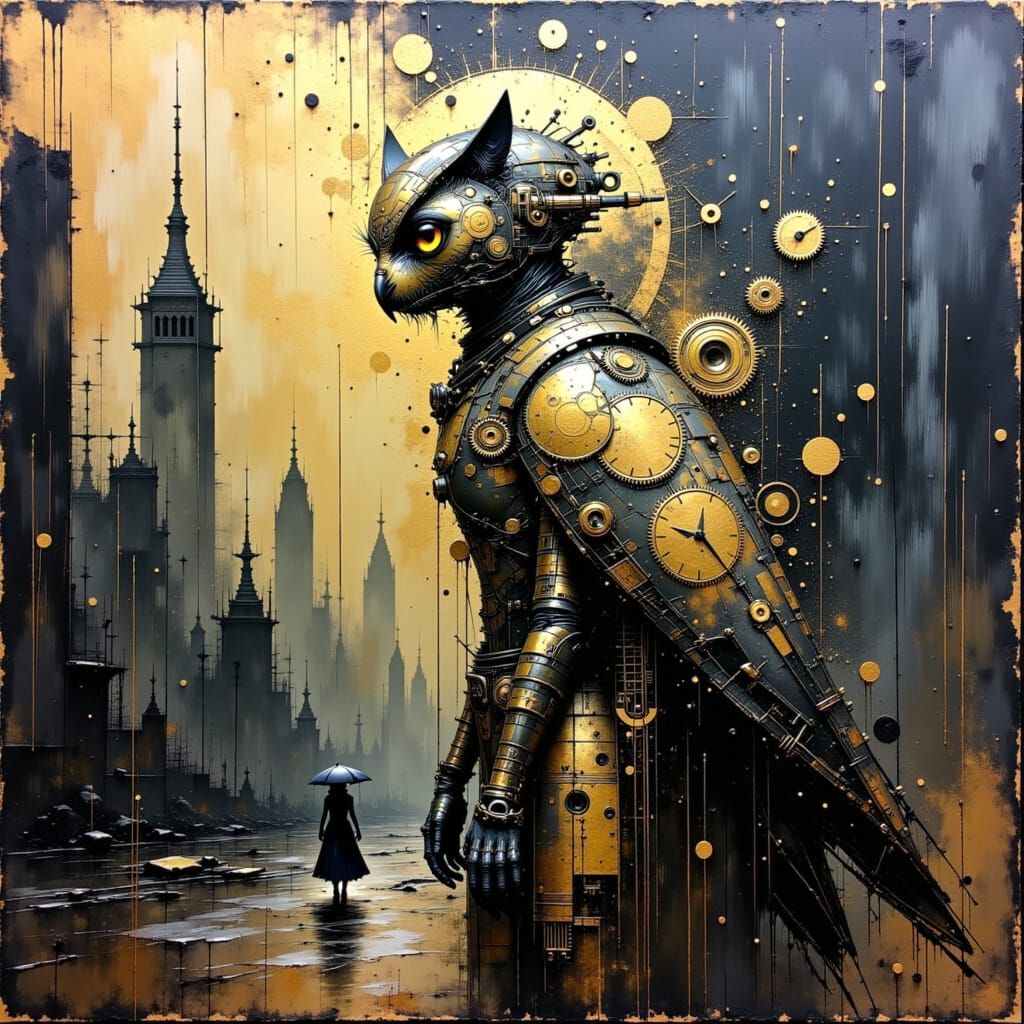 Steampunk Owl Clockwork in Dystopian Cityscape