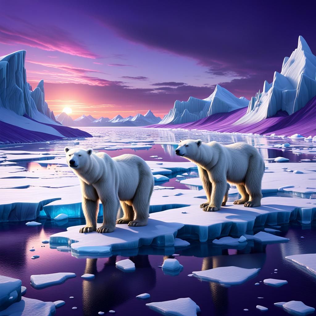 Polar Bears Roaming Under Purple Sunset