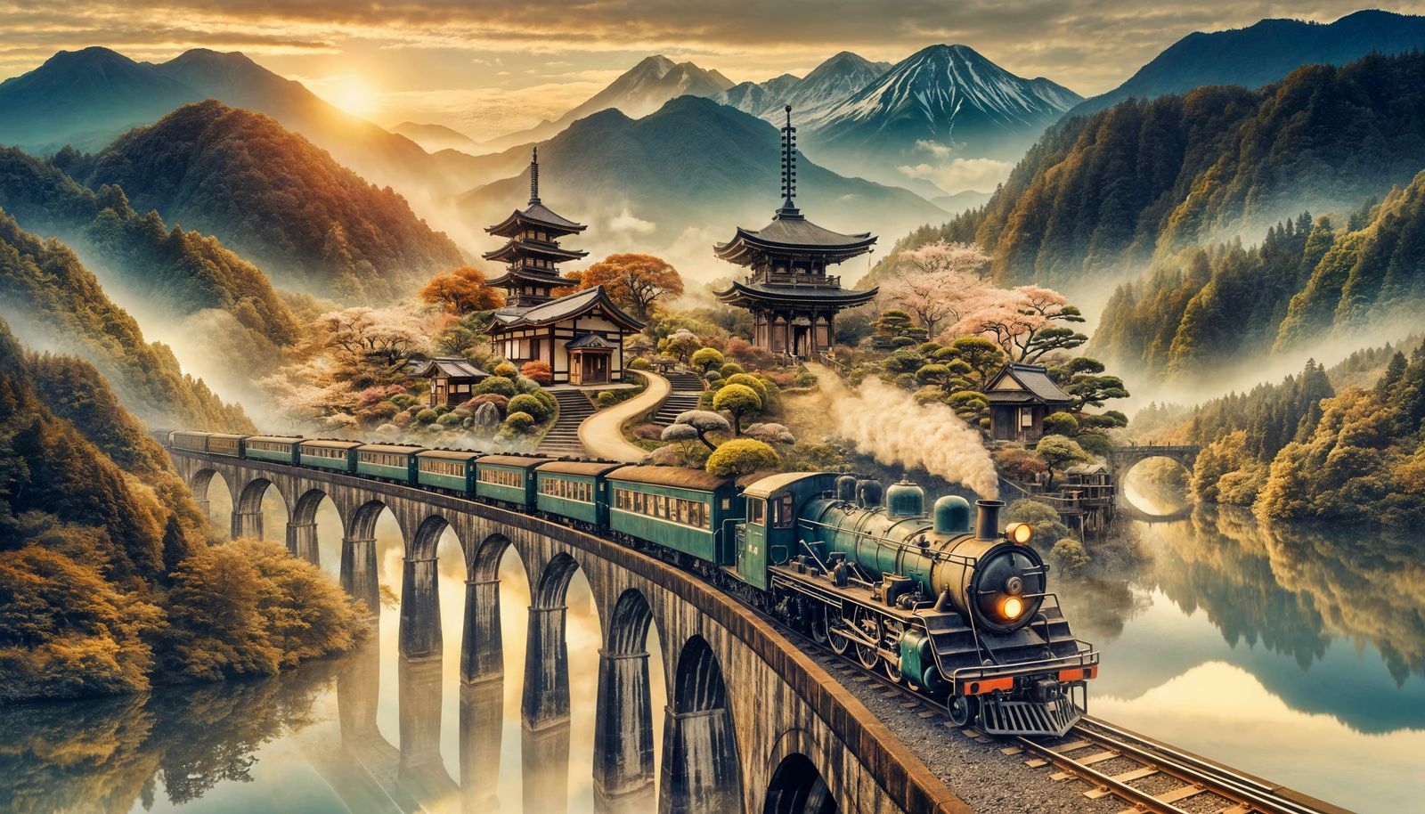 Japanese Steam Train in a Whimsical Village Scene