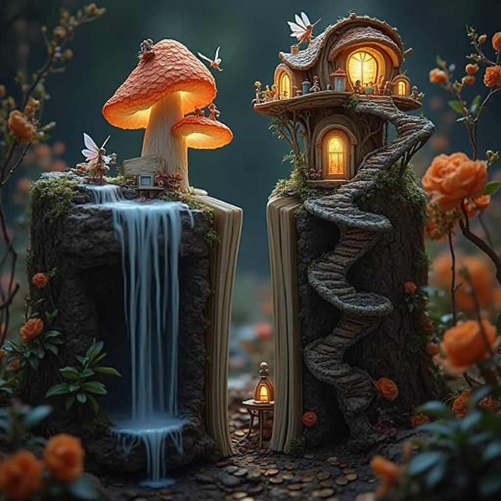 Whimsical Forest Scene with Glowing Mushroom House and Fairi...