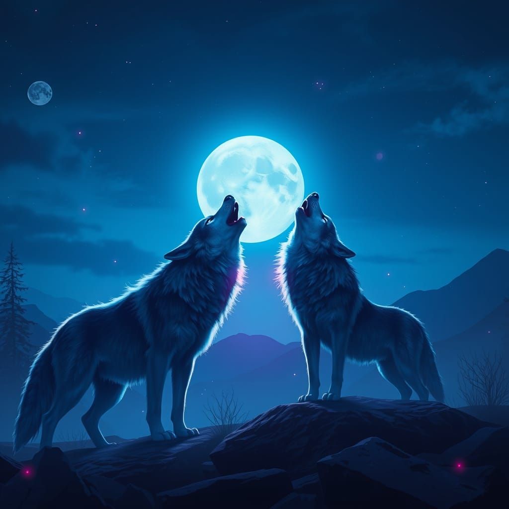 Cyberpunk Wolves Howling at the Moon