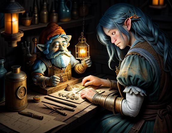 Gnome Repairs Automaton in Dark Fantasy Workshop