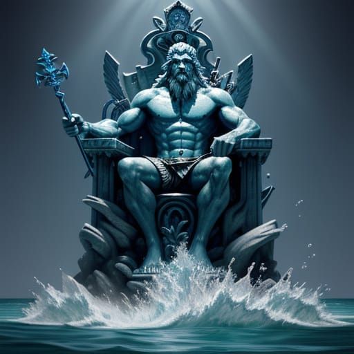 Poseidon on Water Throne, Gleaming Trident, Oceanic Art