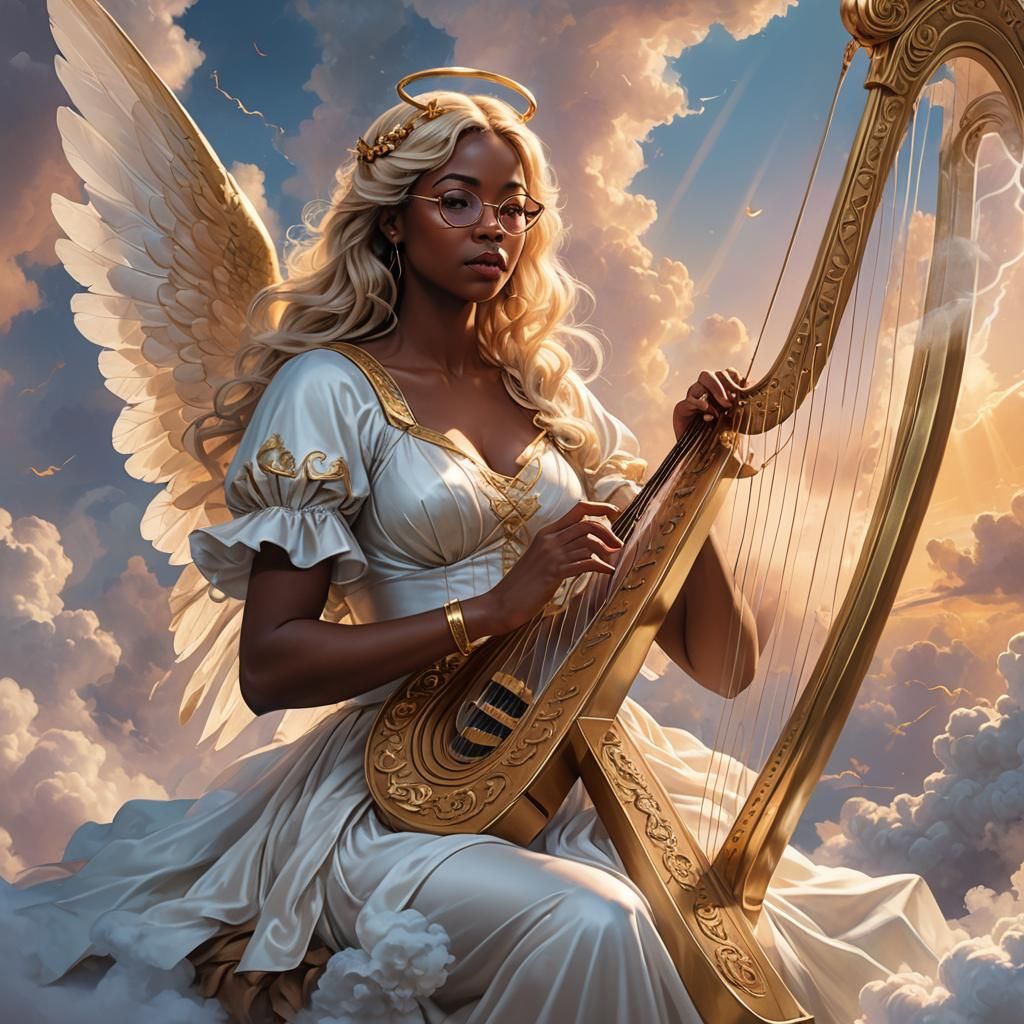 Nerdy Angel Girl Plays Harp in Comic Book Art
