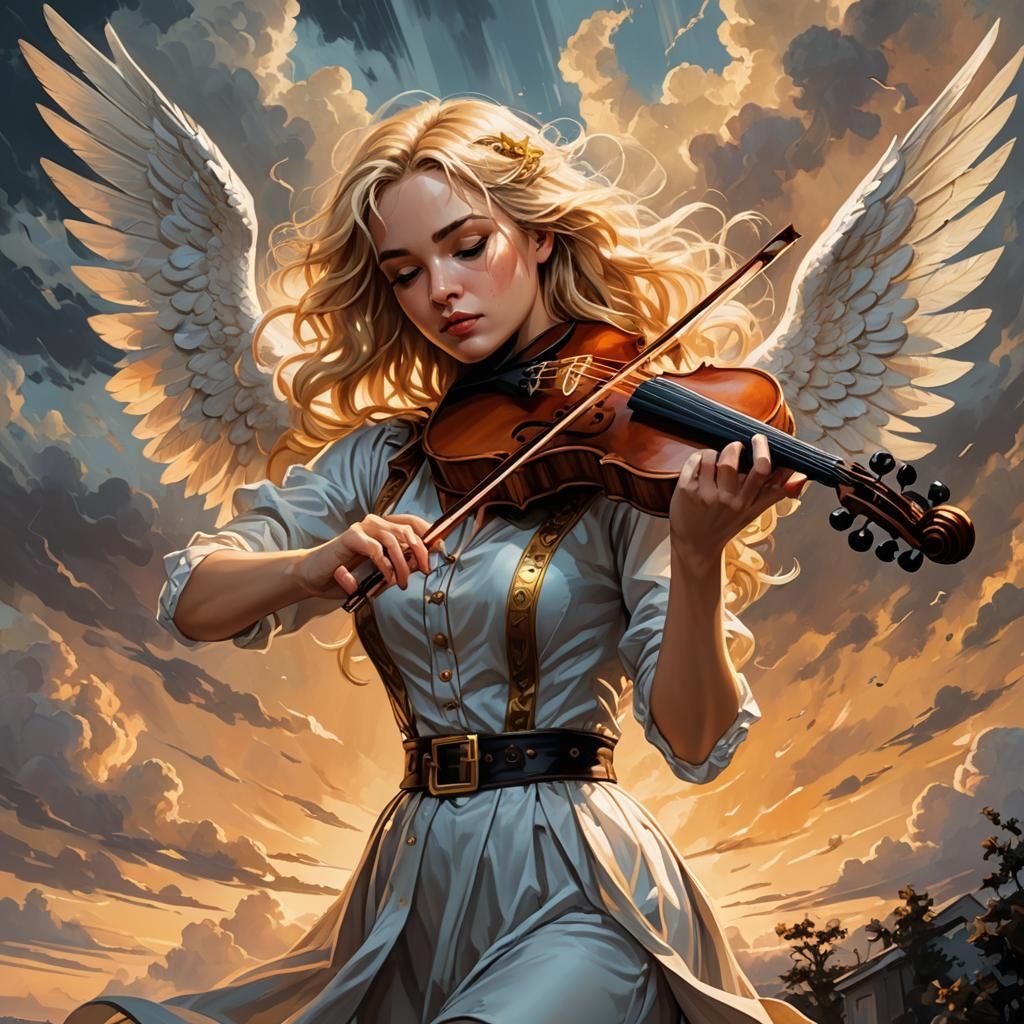 Nerdy Angel Girl with Violin in Comic Book Style