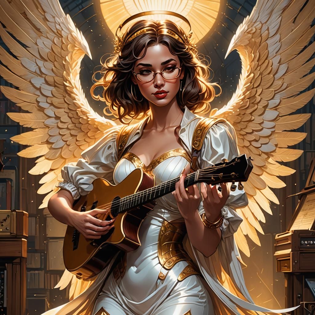 Nerdy Angel Girl Plays Music, Comic Book Art