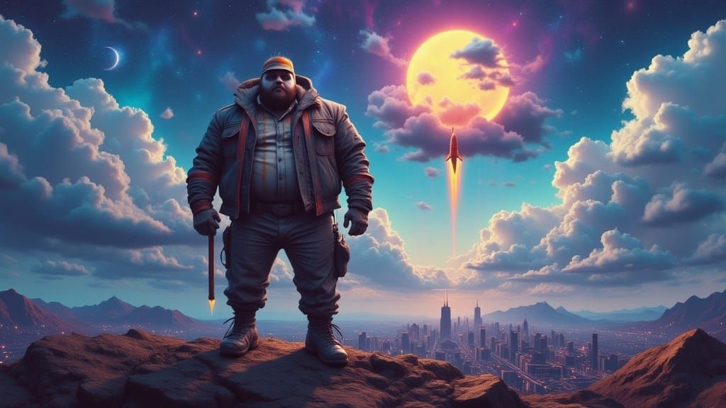 Giant Construction Worker in Surreal Dreamscape