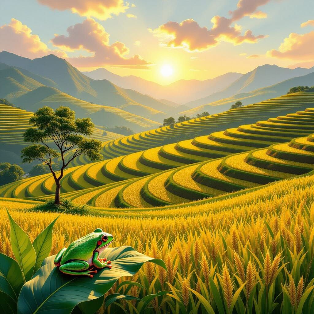 Golden Rice Terraces with Tree Frog, Serene Landscape