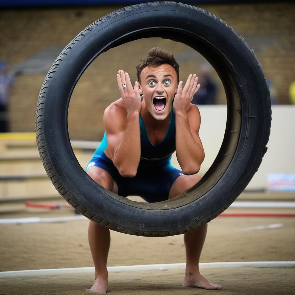 Tom Daley screaming from inside an old tyre
