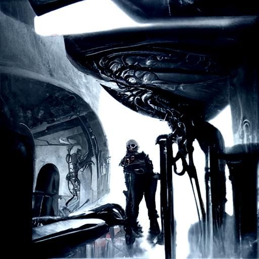 Sinister Alien in Giger-Inspired Spaceship Interior