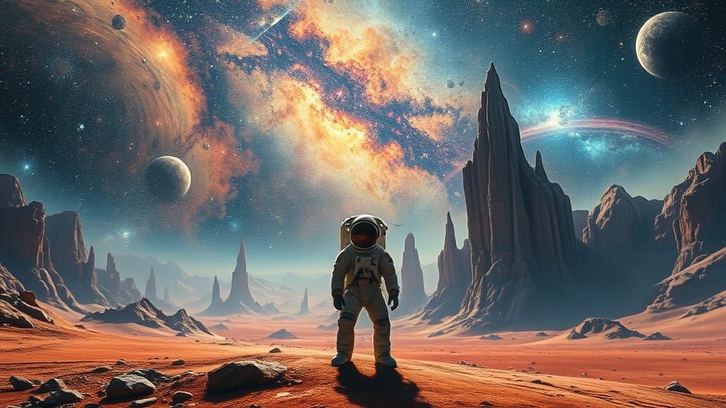 Astronaut on Alien Planet in Cosmic Landscape