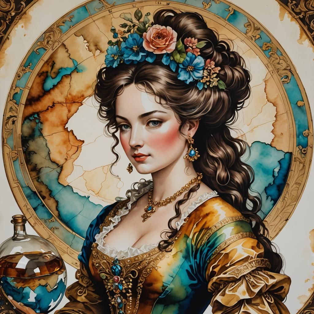 Alcohol Ink Lady in 18th Century Atlas Style