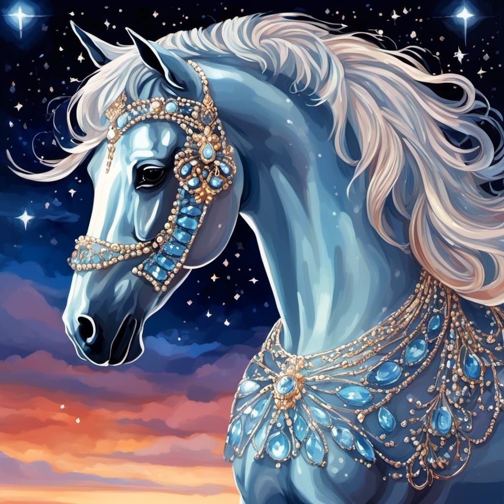Horse in Glass Dress Under Dazzling Night Sky