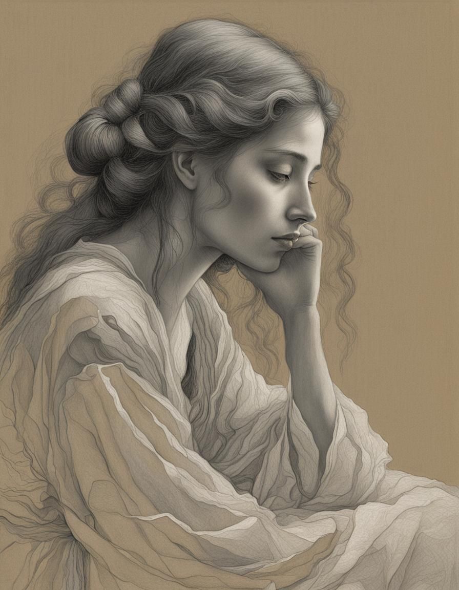 Girl in Moonlight: Pencil Sketch with Somber Shadows