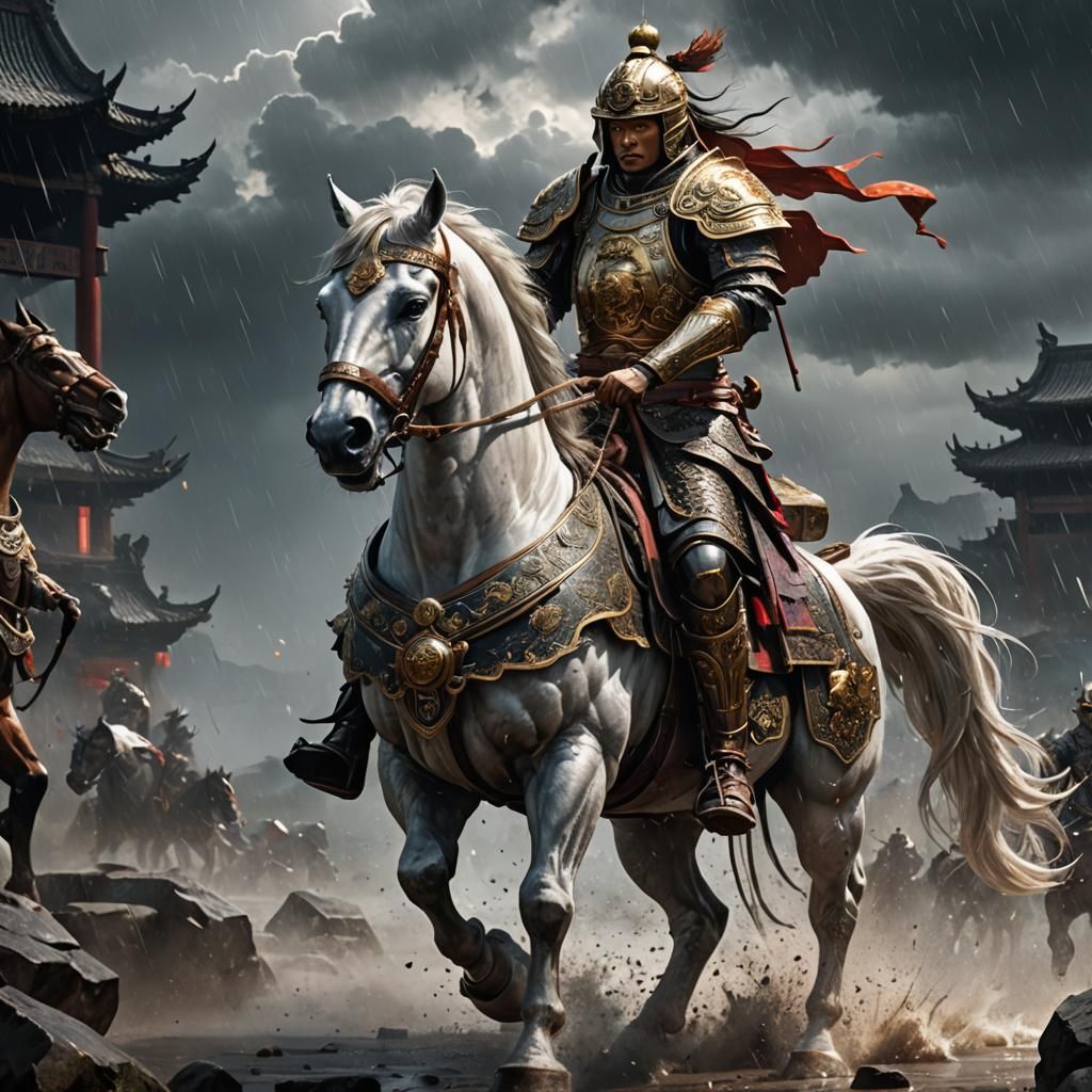 Armored Chinese Warrior on Horse in Rain, Fantasy Art