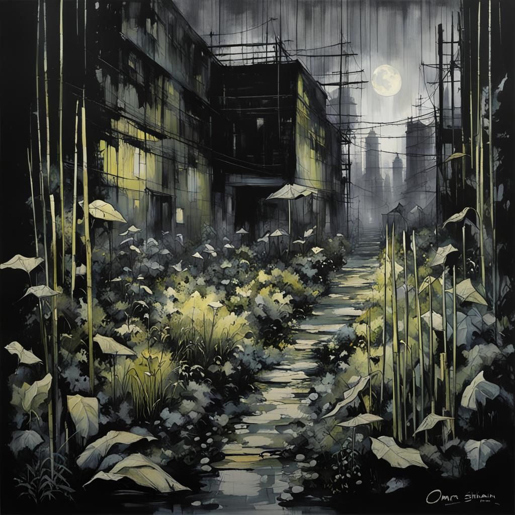 Dystopian Urban Garden in Dark Oil Painting