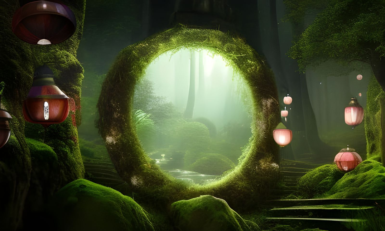 Mystical Stone Portal in Mossy Forest at Night