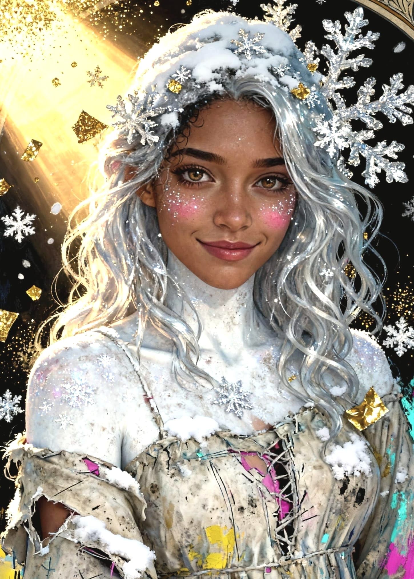 Ethereal Winter Spirit Portrait with Snowflakes