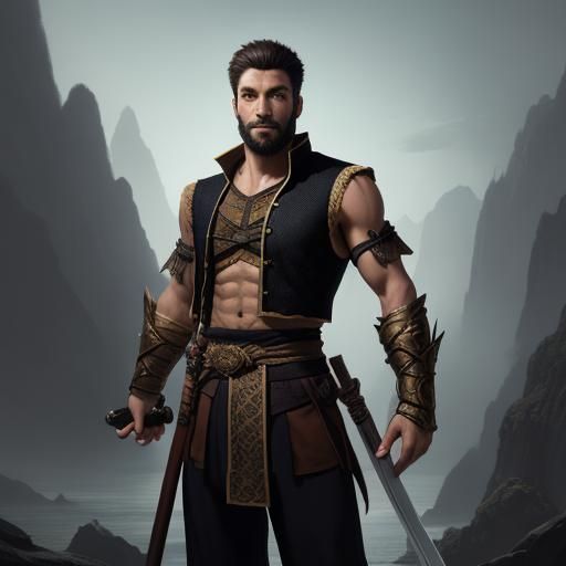 Fantasy Monk Fighter with Quarterstaff in Detailed Digital A...