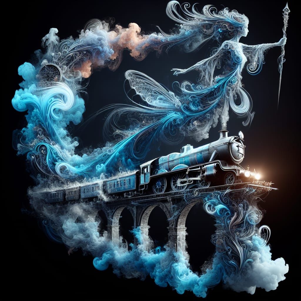 Vintage Train Sorceress Crossing Abyss in Fantasy Style
