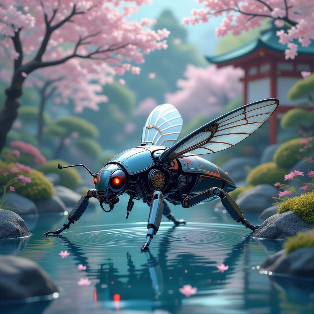 Mechanical Water Bug Bot in Japanese Garden