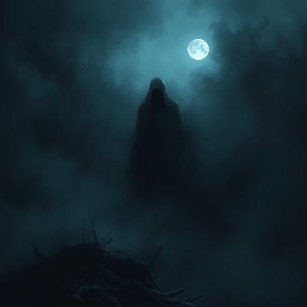 Ethereal Figure in Dark Fantasy Landscape