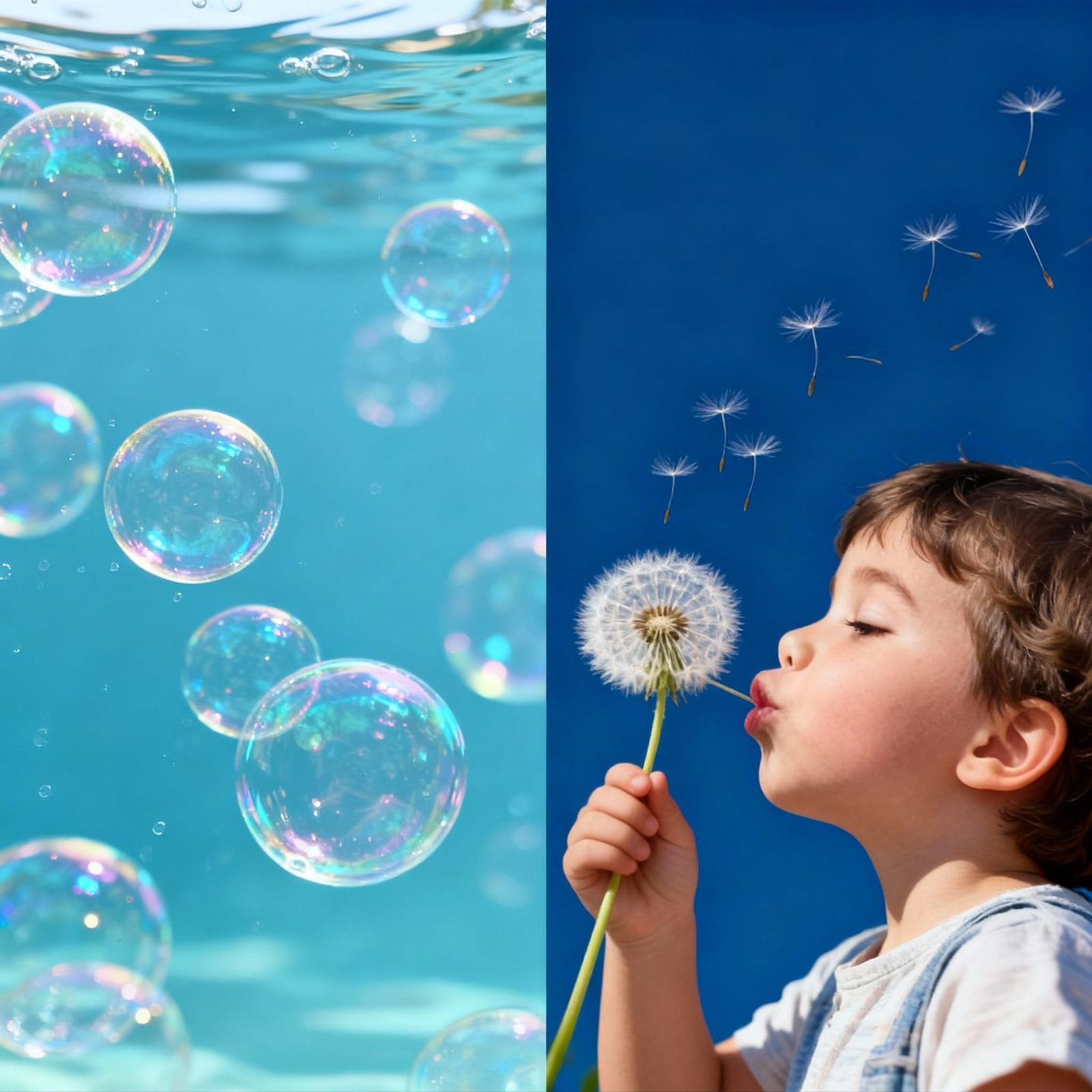 Soap Bubbles and Child Blowing Dandelions Split-Screen