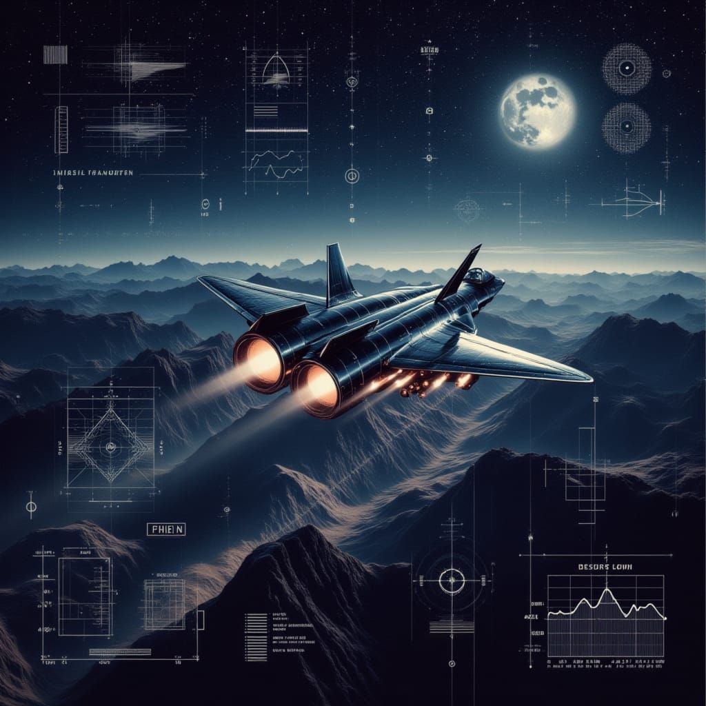 F-22 Raptor in Moonlit Skies with Tech Overlays