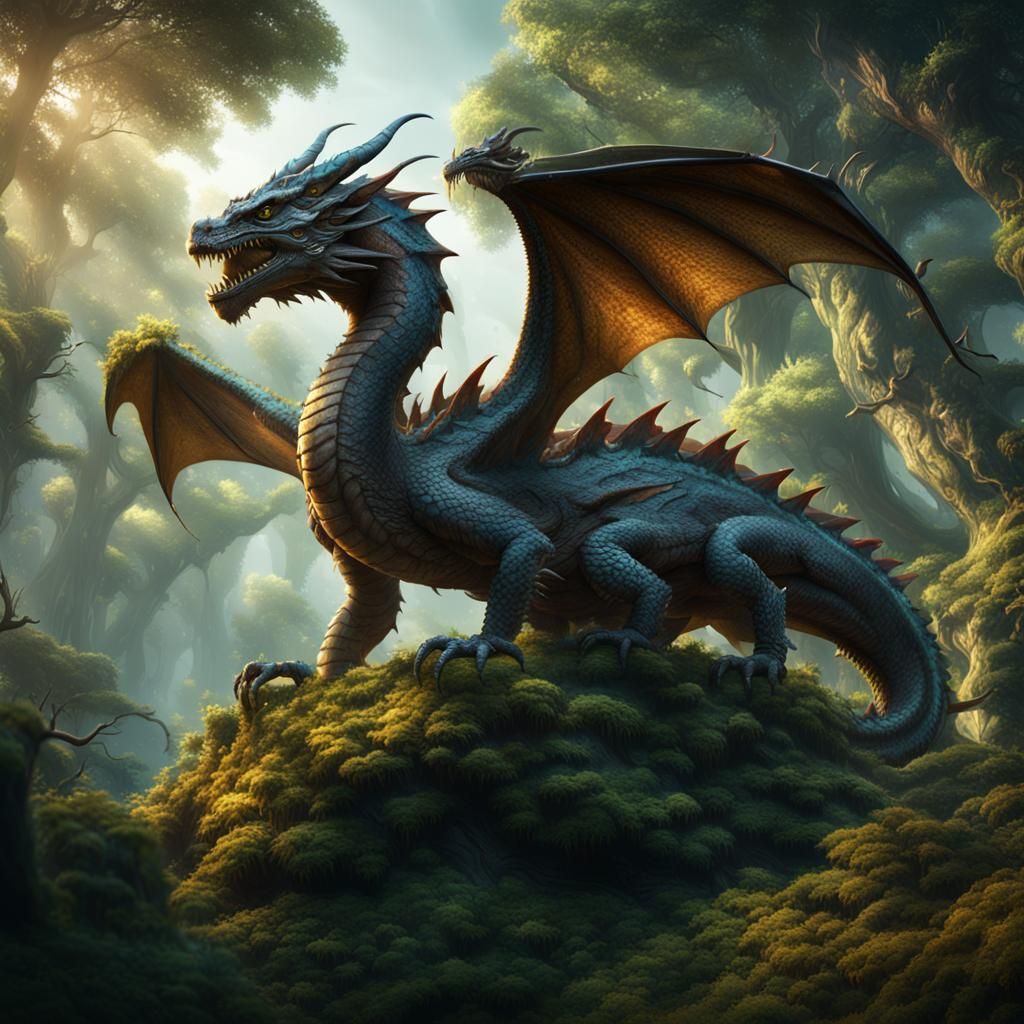 Forest Dragon in Natural Habitat: Detailed Matte Painting