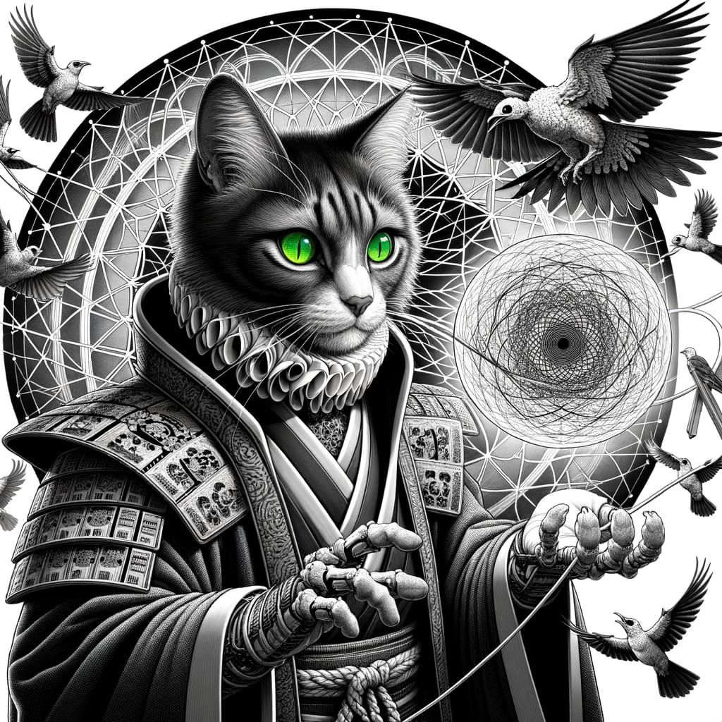 Monochrome Cat Enchants with Bird Skeletons and Digital Eye