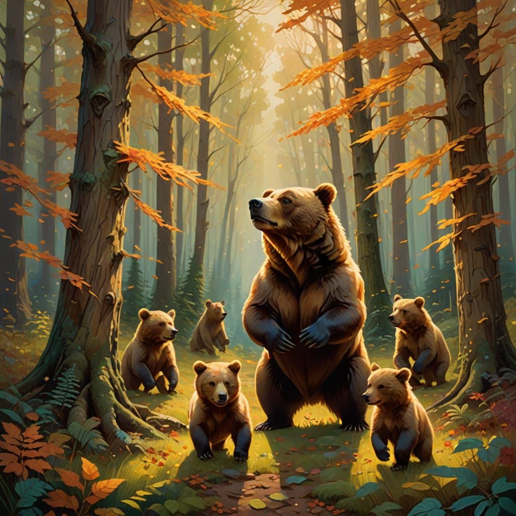 Whimsical Bear Family Tumbles Through Golden Forest Clearing