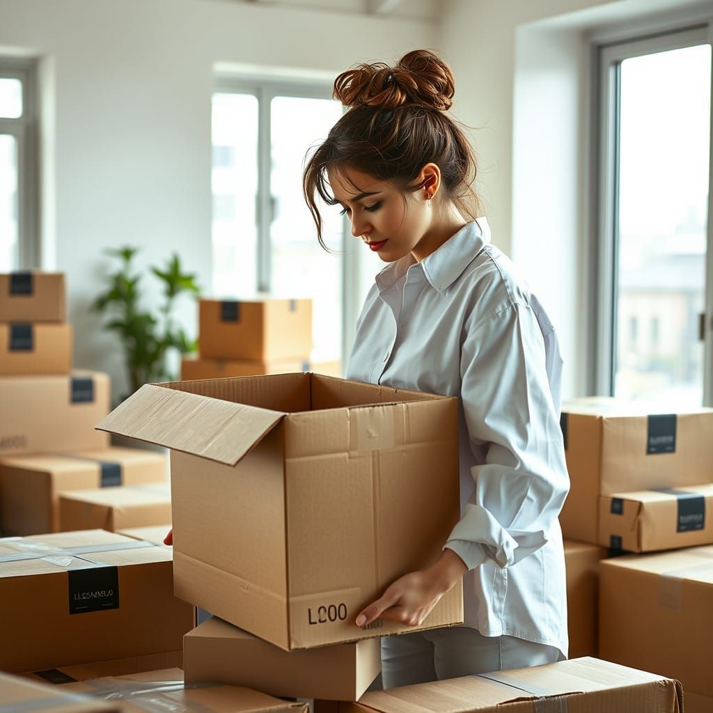 Woman Packs Moving Boxes in Art Nouveau Style