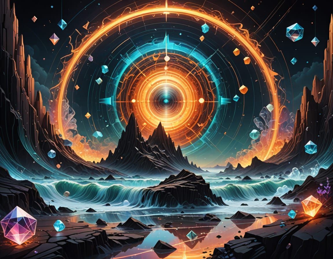 Surreal Quantum Portal with Glowing Lines and Crystals