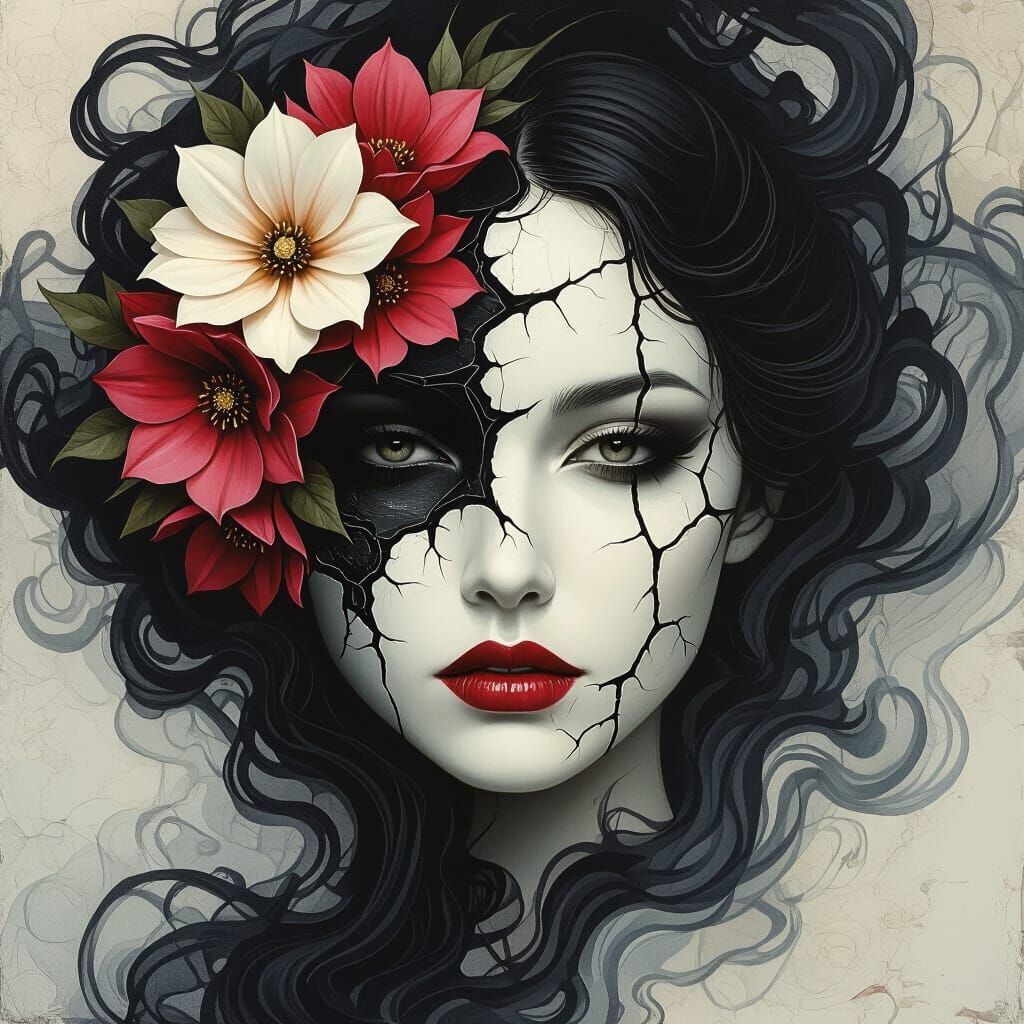 Surreal Floral Portrait in Acrylic Style