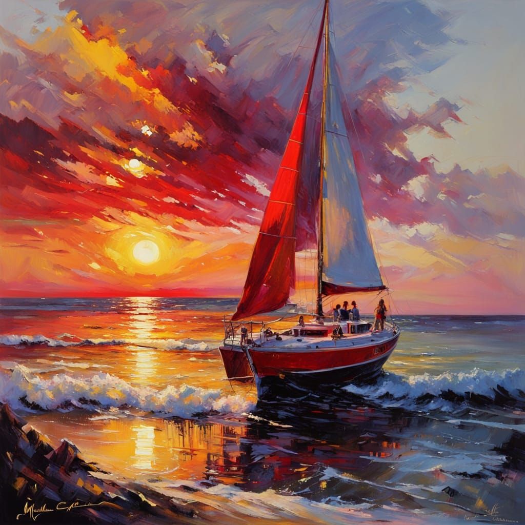 Vibrant Sunset Sailing Scene in Neon Hues