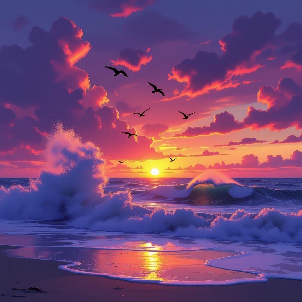 Dramatic Sunset Beach with Crashing Waves