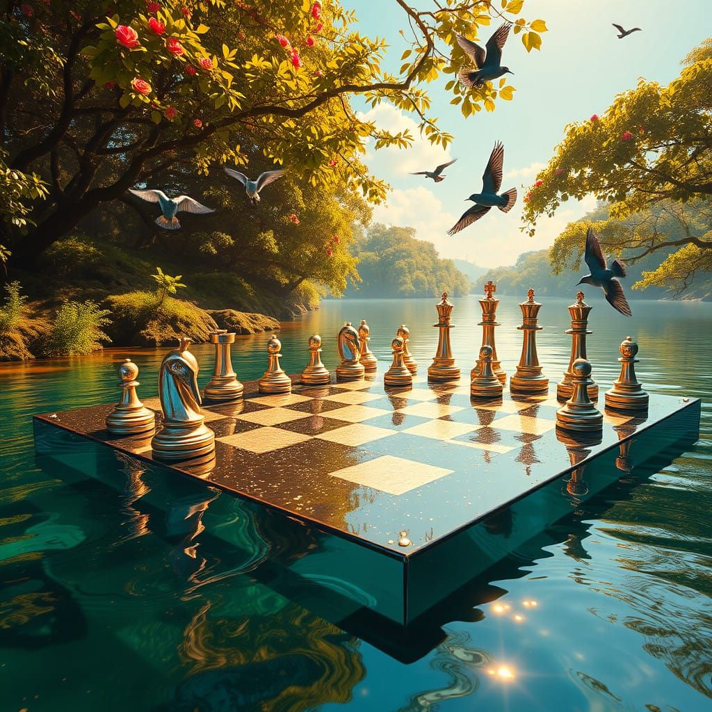 Surreal Chessboard Floats on Crystal-Clear River in Golden L...
